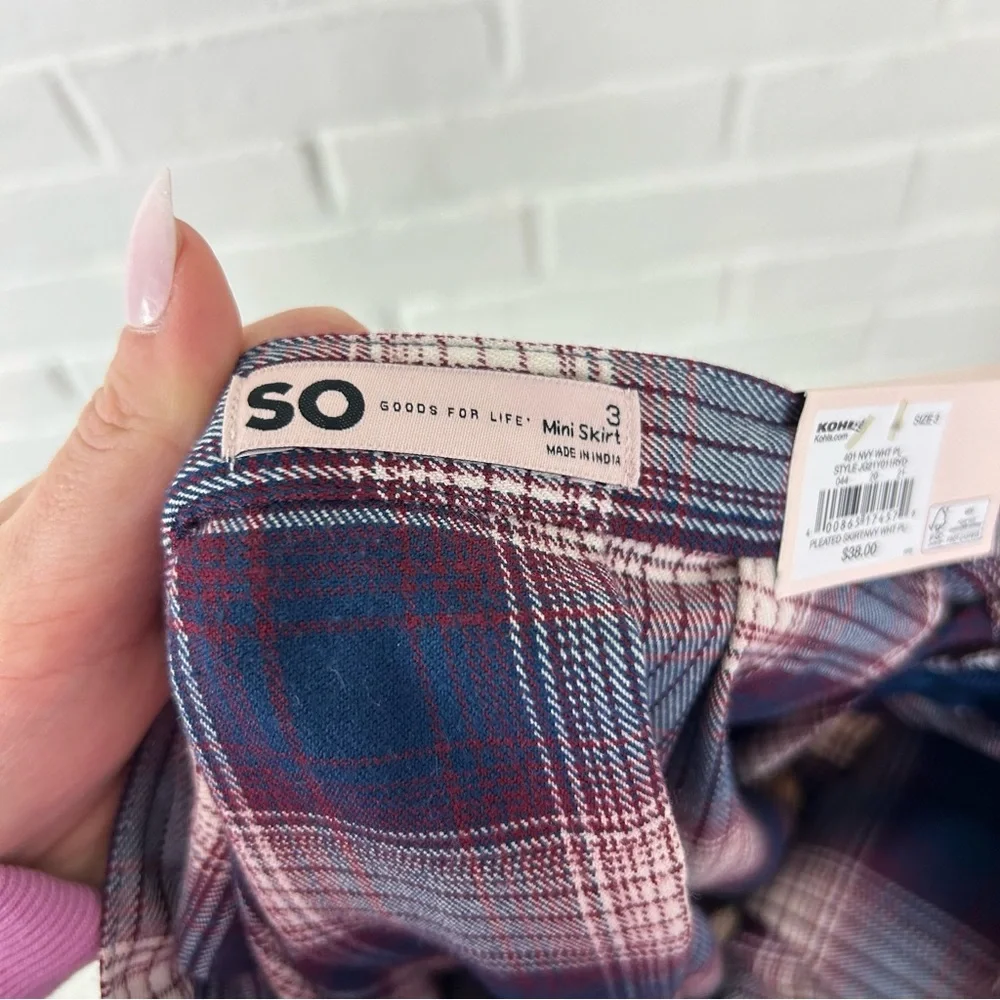 NWT SO Plaid Pleated Mini Skirt Size 3
